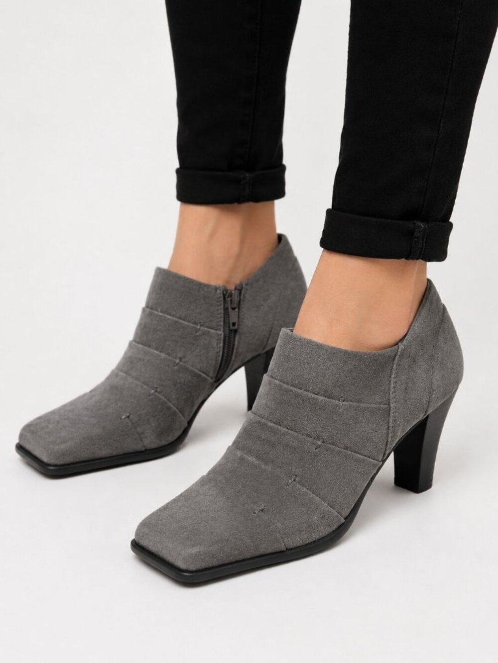 A2 by Aerosoles Gray Microsuede Rouched Shootie Square Cone Ankle Bootie, 8.5M